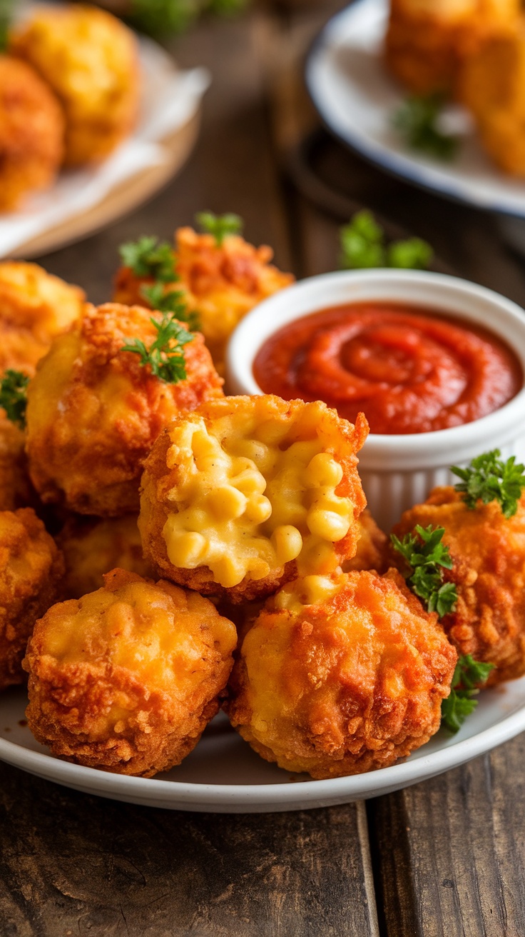 Crispy Fried Mac And Cheese Bites served with marinara sauce on a rustic table.